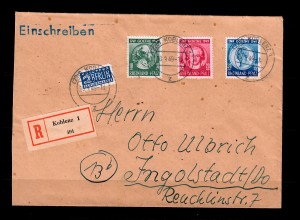 Rheinland-Pfalz: Einschreiben Koblenz 1949, MiNr. 47-49 nach Ingolstadt