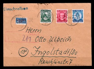 Württemberg: Einschreiben Ebingen 1949, MiNr. 44-46 nach Ingolstadt