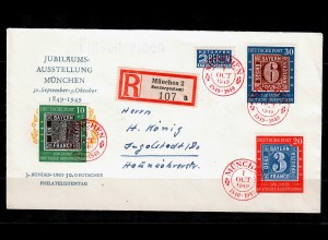 Bund: Einschreiben Satzbrief MiNr. 113-115, roter Stempel München 1949