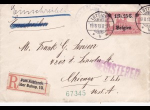1915: Einschreiben Lüttich nach USA; MiNr. 8 EF