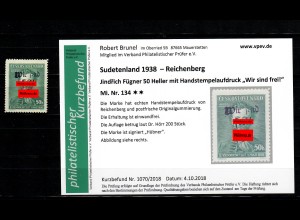 Sudetenland MiNr. 134, postfrisch, **, Auflage ca. 200 Stück, Reichenberg,