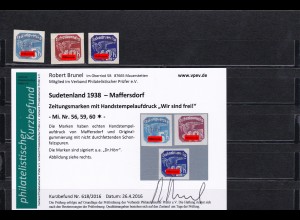 Sudetenland: MiNr. 56,59,60, * Handstempelaufdruck Zeitungsmarken