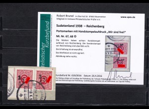 Sudetenland: MiNr. 67, 68, gestempelt, Handstempelaufdruck Zeitungsmarken