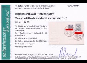 Sudetenland: Maffersdorf, MiNr. 129, gestempelt auf Karte Henlein Geburtshaus