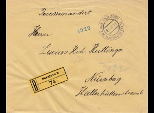 1913: KuK Einschreiben Sarajevo nach Nürnberg