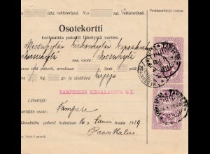 Finnland: 1919: Paketkarte von Tampere