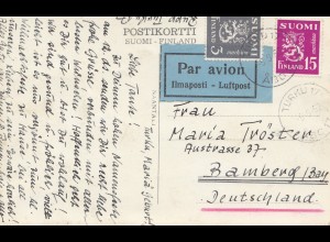 Finnland: 1952: Turku Ansichtskarte Luftpost nach Bamberg