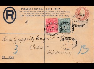 England: 1904: Registered lette-Ganzsache - nach Calw - Perfin