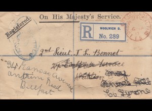 England: 1917: Einschreiben Woolwich nach Belfast