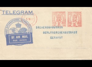 England: 1932: Air Mail Telegram nach Deutschland