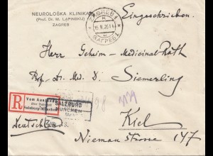 Jugoslawien:1926: Einschreiben Zagreb nach Kiel: Salzburg-München-Bahnpost