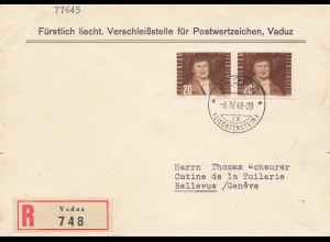 Liechtenstein: 1948 Einschreiben Vaduz nach Bellevue/Schweiz