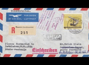 Liechtenstein: 1957: Einschreiben Nr. 356 EF von Mauren nach USA - zurück