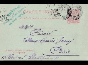 Monaco: 1908: Ganzsache P10 nach Paris mit Antwortkarte