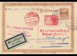 Österreich: 1927: Ganzsache Flugpost Wien nach Köln - Postamt Breslau