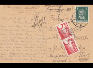 Österreich: 1928: AK Berlin, Trauersaal nach Tirol, Taxe