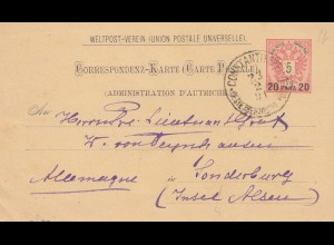 Ö-Levante 1891 Postkarte Constantinopel nach Sonderburg, Insel Alsen, ANK Nr. 7b