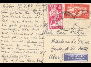 Portugal: 1959: Ansichtskarte Lisboa als Luftpost nach Karlsruhe