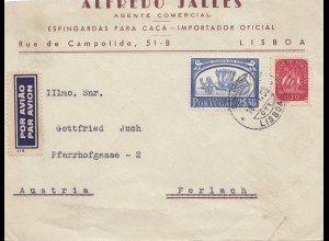 Portugal: 1953: Luftpost Lisboa nach Ferlach/Österreich, rücks. Jäger