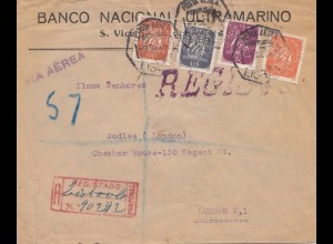 Portugal: 1947: Einschreiben Lisbon nach London, Perfin