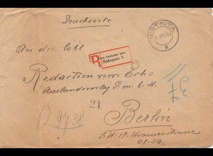 Rumänien: 1922: Einschreiben Bistrita- DRUCKSACHE über Bahnpost, nach Berlin