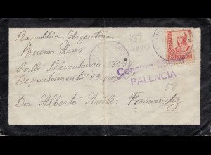 Spanien: 1937: Brief nach Argeninien, Zensur Palencia