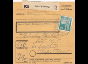 BiZone Paketkarte 1948: Endorf, Bäckerei Langgartner, nach Haar: Stempel 1937 !!