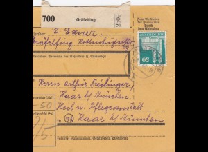BiZone Paketkarte 1948: Gräfeling nach Heil- und Pflegeanstalt Haar