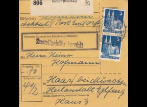 BiZone Paketkarte 1948: Endorf nach Haar bei München, Heilanstalt Eglfing