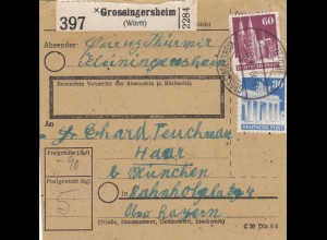 BiZone Paketkarte 1948: Grossingersheim nach Haar bei München