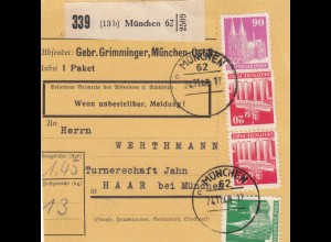 BiZone Paketkarte 1948: München nach Haar, Turnerschaft, Selbstbucherkarte