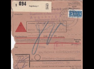 BiZone Paketkarte 1949: Augsburg nach Obermenzing, Nachgebühr, Nachnahme