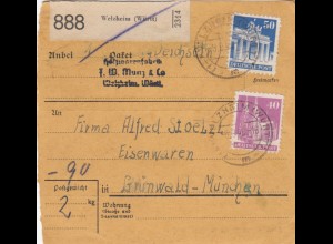 BiZone Paketkarte 1948: Welzheim nach Grünwald-München