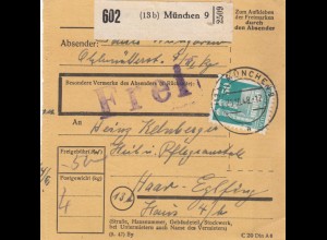 BiZone Paketkarte 1948: München 9 nach Haar, Heil- u. Pflegeanstalt