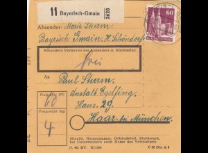 BiZone Paketkarte 1948: Bayersich-Gmain nach Haar bei München, Anstalt Eglfing