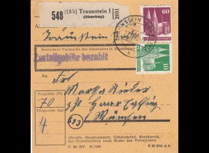 BiZone Paketkarte 1948: Traunstein (Oberbay.) nach Haar Eglfing