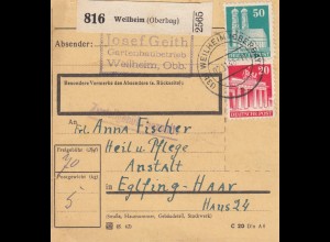 BiZone Paketkarte 1948: Weilheim (Oberbay) nach Eglfing-Haar, Heilanstalt