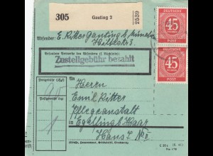 Paketkarte 1948: Gauting b. München n. Pflegeanstalt Haar, bes. Formular