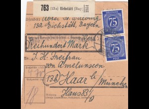 Paketkarte 1948: Eichstätt Bayern nach Haar, Wertkarte