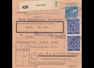 Paketkarte 1947: Dominial-Kanzlei Schwarzenberg Scheinfeld, Wertkarte
