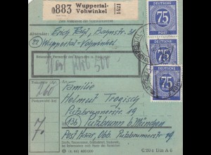 Paketkarte 1948: Wuppertal-Vohwinkel n. Putzbrunn, Wertkarte, bes. Form.