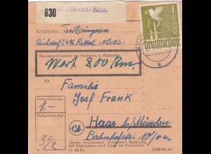 Paketkarte 1948: Ruhstorf nach Haar b. München, Wertkarte