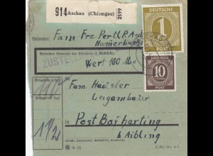 Paketkarte 1947: Aschau nach Bayharting, Wertkarte, besonderes Formular
