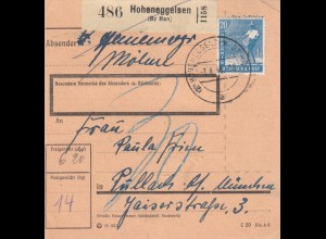 Paketkarte 1948: Hoheneggeisen nach Pullach, Nachgebühr