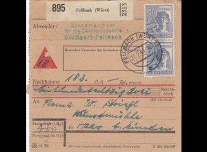 Paketkarte 1948: Bürstenindustrie Fellbach nach Haar, Nachnahme