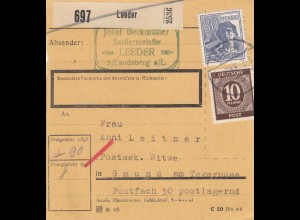 Paketkarte 1947: Leeder, Sattlermeister nach Gmund, Postsek. Witwe