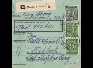 Paketkarte 1947: Murnau nach Fischbach, besonderes Formular, Wertkarte