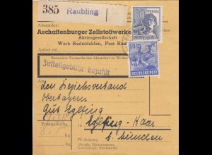 Paketkarte 1948: Redenfelden, Zellstoffwerke nach Eglfing, Selbstbucher