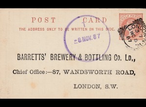 England: London 1886: Brewery&Bottling-Mineral Water, Ganzsache
