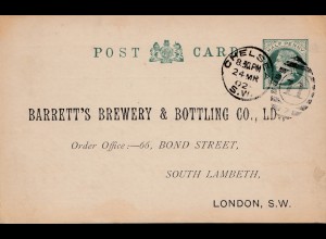 England: London 1902: Brewery&Bottling-Mineral Water, Ganzsache